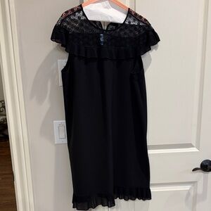 Tahari Black Lace Yoke Dress with Pleated Trim